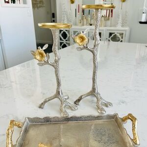 Silver and Gold Floral Candle Holders with Tray
